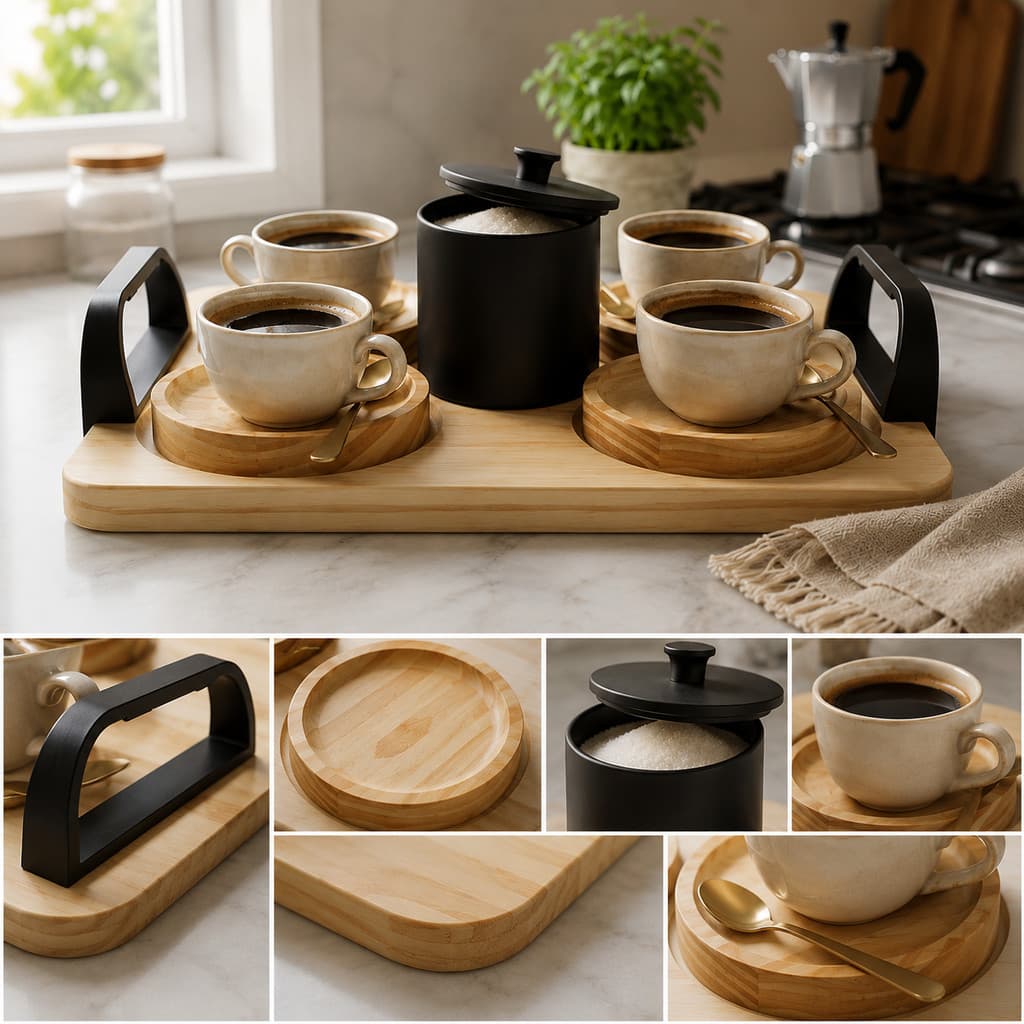 Bandeja Retangular com Açucareiro 3D e 4 Pires Madeira Pinus Mesa Decoração Cozinha Cantinho Café