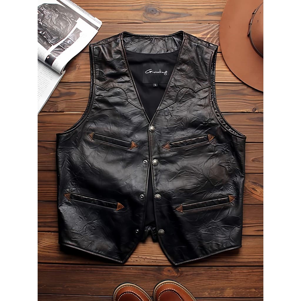 Americano Retro polido cor angustiado colete de couro genuíno masculino com decote em v curto fino-ajuste embreagem cole