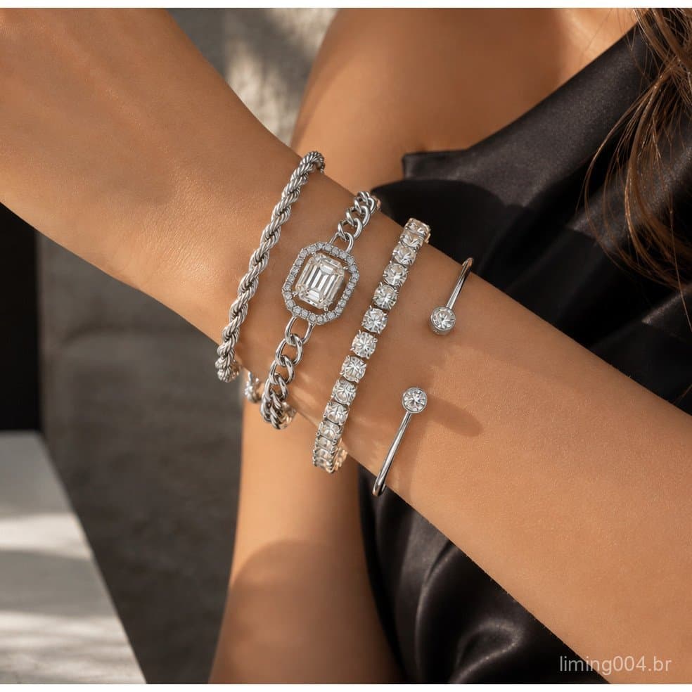 Kit 4 Pulseiras Femininas Prata com Strass Riviera Bracelete Correntes Variadas Elegante