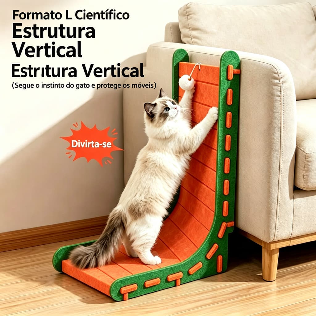Arranhador de Gato Formato L em Feltro Resistente, Vertical 90° vira cama, com bola brinquedo sem soltar fiapos