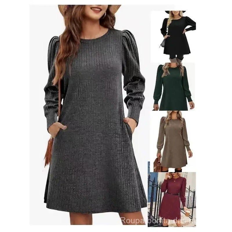 Vestido de Malha Feminino Elegante com Manga Bufante, Manga Longa, Decote Redondo, Casual, Solto, para Outono e Inverno,