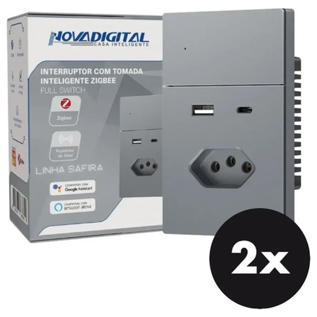 Kit 2 Interruptor Inteligente NovaDigital Safira Tomada USB Tipo C Cinza 10/20A Bivolt Embutir