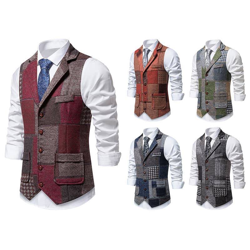 Colete Xadrez Vintage De Retalhos Para Homens , Gola De Lapela , Peito Único , Sem Mangas , Casual , Roupa De Cavalheiro