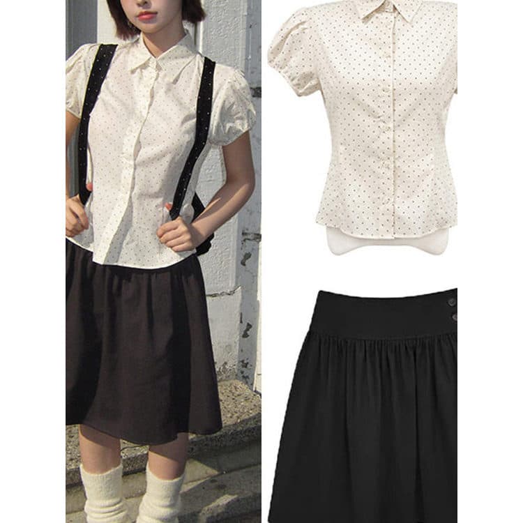 Camisa francesa de manga curta feminina verão doce All-Match bolinhas Slim fit Look mais fino lapela manga bufante Top
