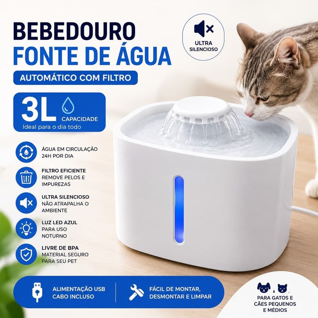 Bebedouro Fonte de Água Automático 3L para Gatos e Cachorros com Filtro USB LED Silencioso Livre de BPA Pet