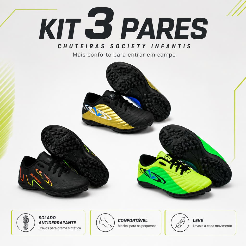 Kit 3 Pares de Chuteira Masculina Infantil Futebol Society Antiderrapante Leve Macia Confortável