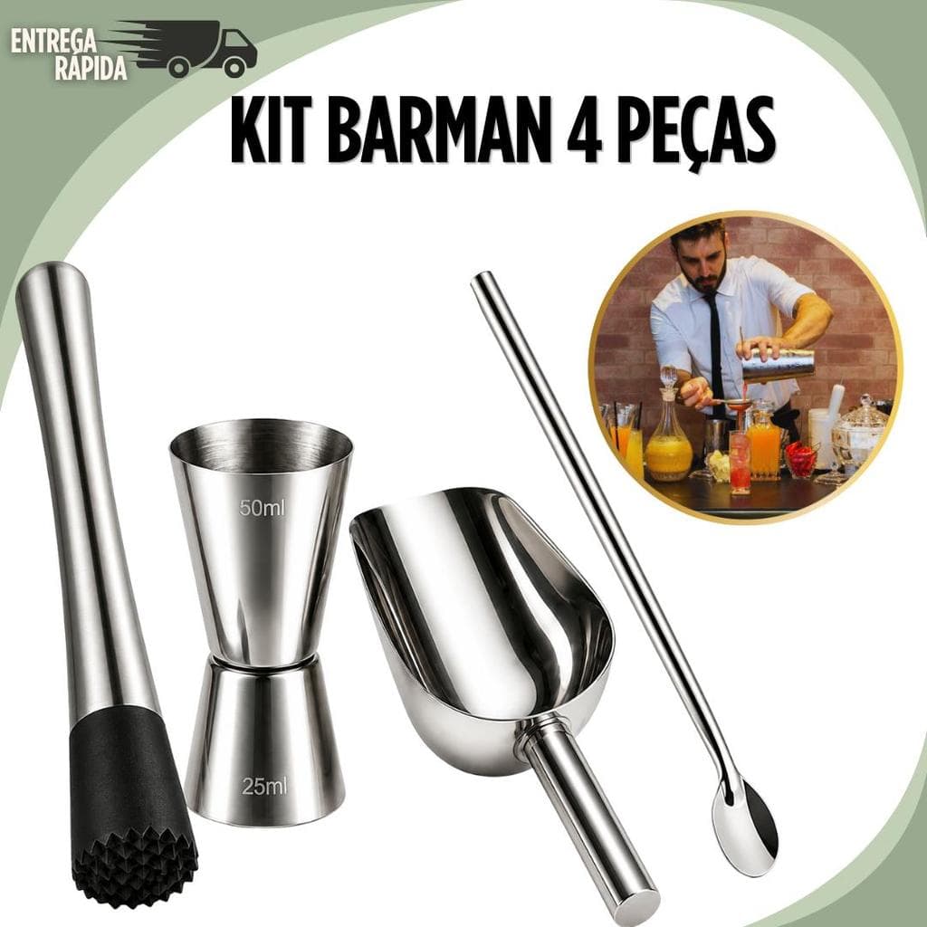 Kit 4 Peças Barman para Drinks Coquetéis Acessórios Bartender Bar Caipirinha Bebidas  Prof Socador Pa Gelo Copo Dosador