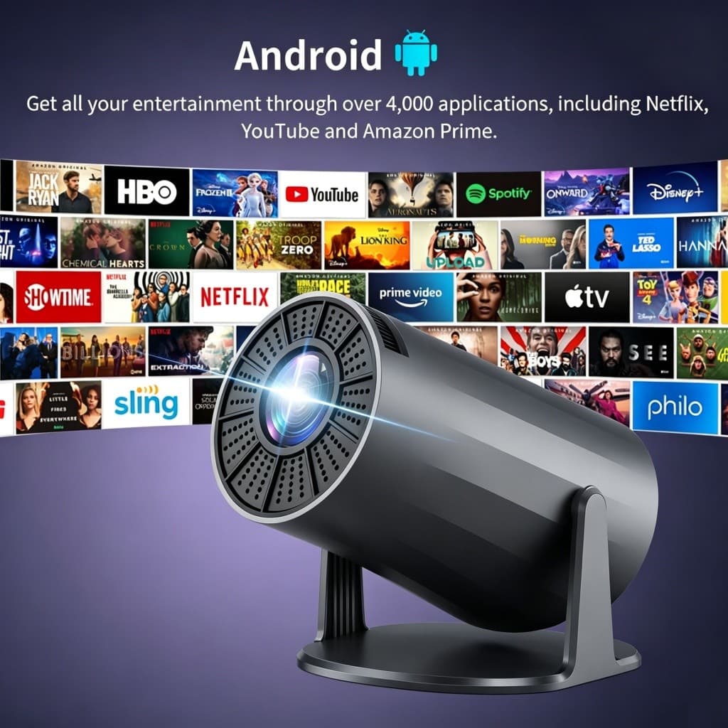 Projetor Inteligente Portátil Android 13 4K Ultra HD HDMI Wi-Fi Bluetooth com Caixa de Som Integrada
