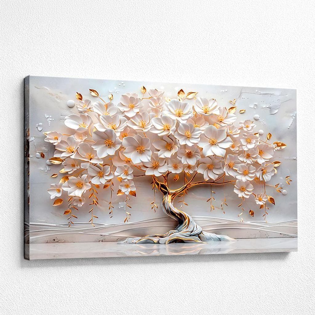 Quadro em Tela Canva Arvore da Vida 90x50cm em Branco e Dourado 3D Impressão Digital