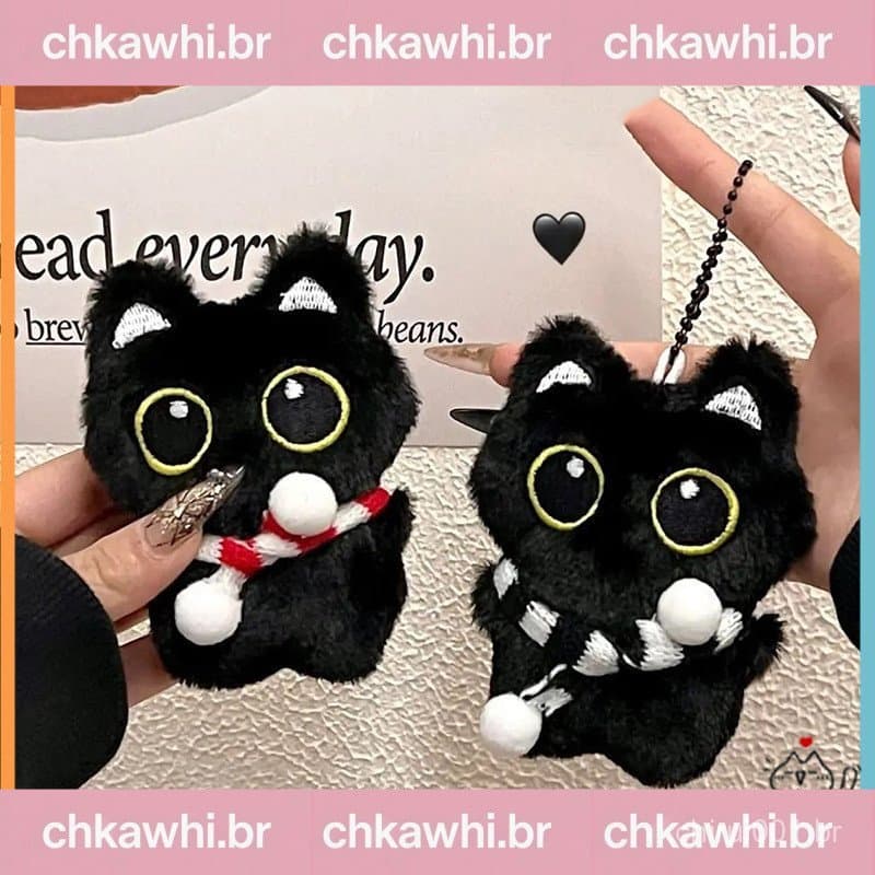 Desenhos Animados Squeaky Cachecol Gato Macio Pelúcia Boneca Pingente Bonito Sino Preto Brinquedo De Carro Chaveiro Moch