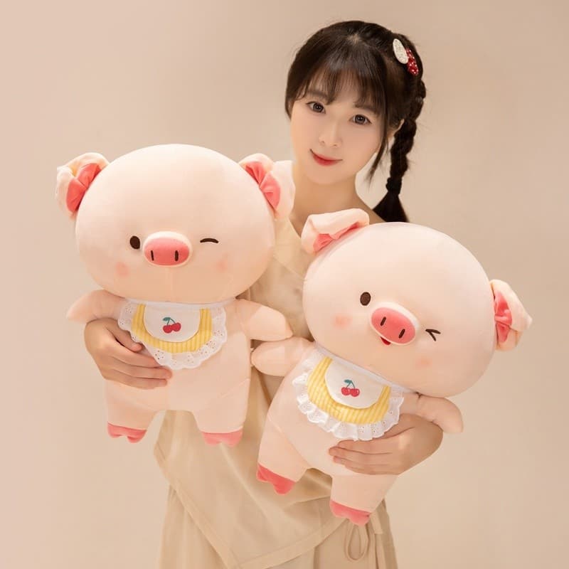 Brinquedo de Pelúcia Fofo de Porquinho Cereja, Boneco de Pelúcia Rosa Macio com Babador, Almofada de Pelúcia Kawaii, Pre