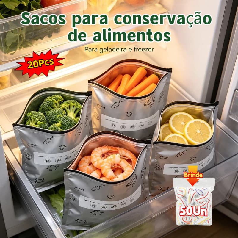 Kit 20 + 50 brindes GRÁTIS Sacos Herméticos de Alumínio Ziplock Reutilizáveis para Conservação de Alimentos