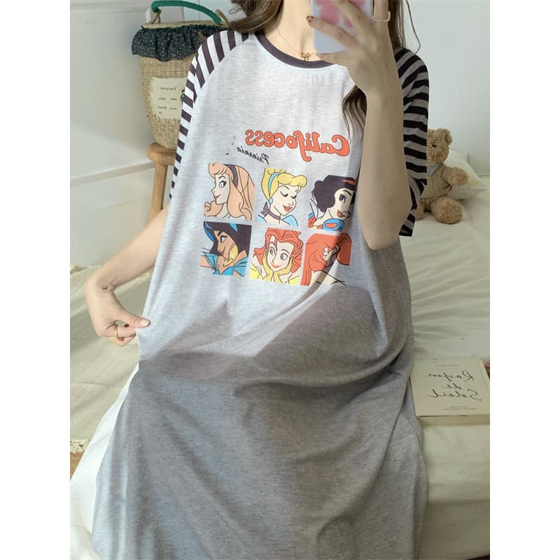 Camisola feminina verão manga curta em torno do pescoço Casual legal gelo seda Plus Size pijamas vestido de comprimento