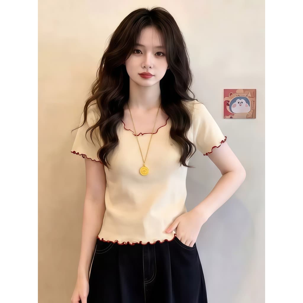 Estilo coreano redução de idade contraste cor fungo borda camiseta malhas feminino verão novo estilo moda All-Match pequ