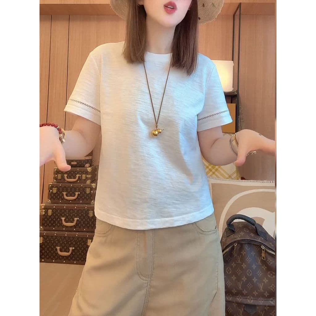 Voltar crochê oco manga curta camiseta feminina verão em torno do pescoço camiseta 2026 novo estilo All-Match solto bran