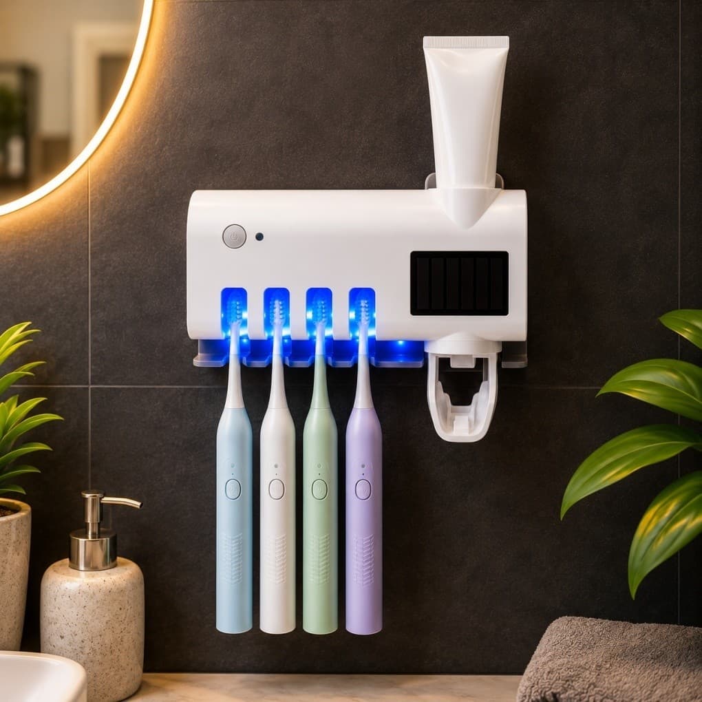 Esterilizador UV-A para Escovas de Dentes | Suporte Porta Escovas 4 Lugares | Dispenser | Sem Furo | Para Banheiro