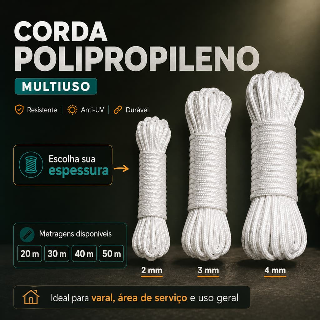 Corda Para Varal Polipropileno Reforçada 2mm 3mm 4mm 20/30/40/50m Quintal Apartamento Amaraçoes