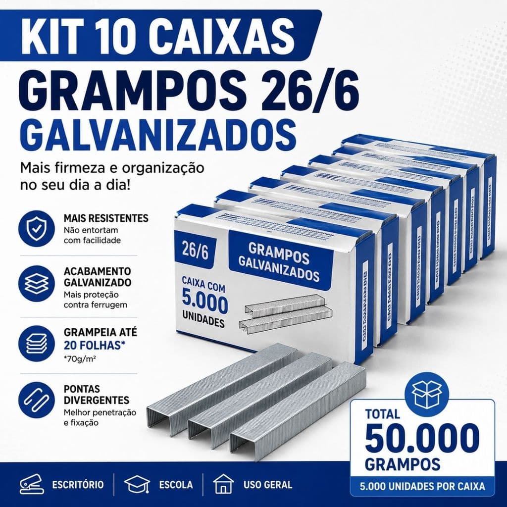 Grampo 26/6 Kit 10 Caixas 5000 Unidades Cada Galvanizado para Grampeador 50.000 Grampos