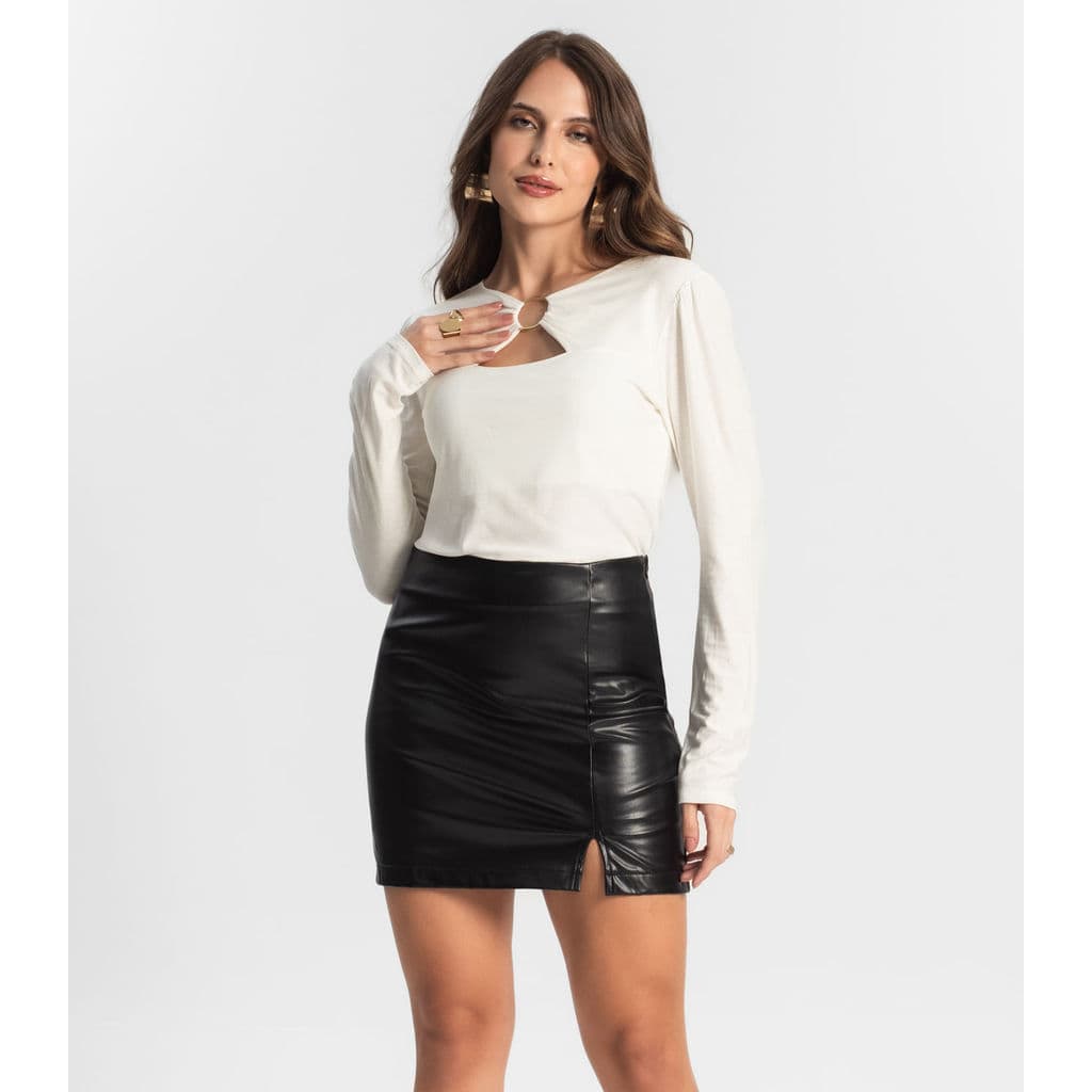Saia Feminina Curta Em PU Style Box Preto
