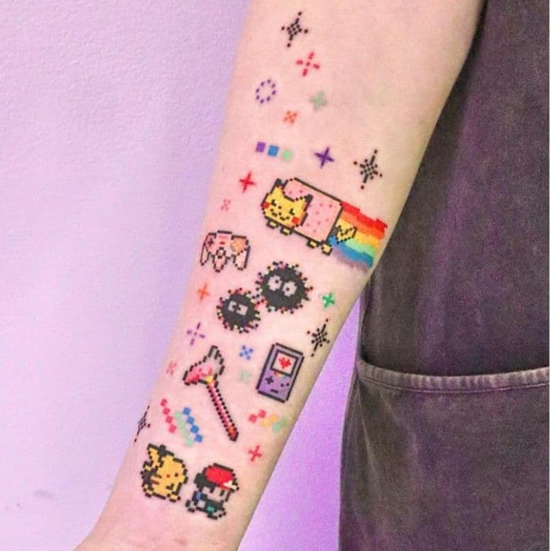 Desenhos animados Pokémon Retro Pixel estilo dos desenhos animados tatuagem adesivos das mulheres dos homens de longa du
