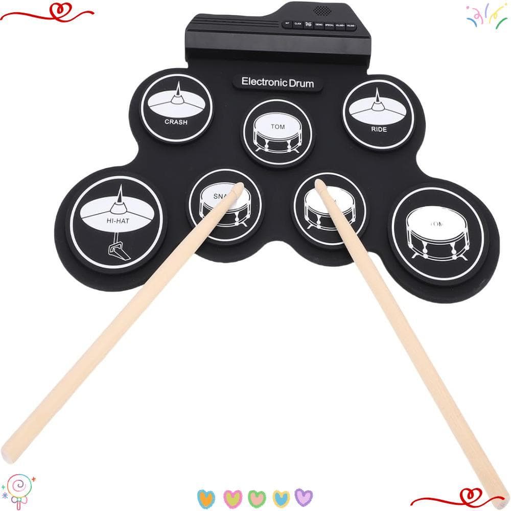 Conjunto De Bateria Elétrica Carta , Kit De Tambor De Enrolar Material De Silicone De 7 Almofadas Eletrônica Preta