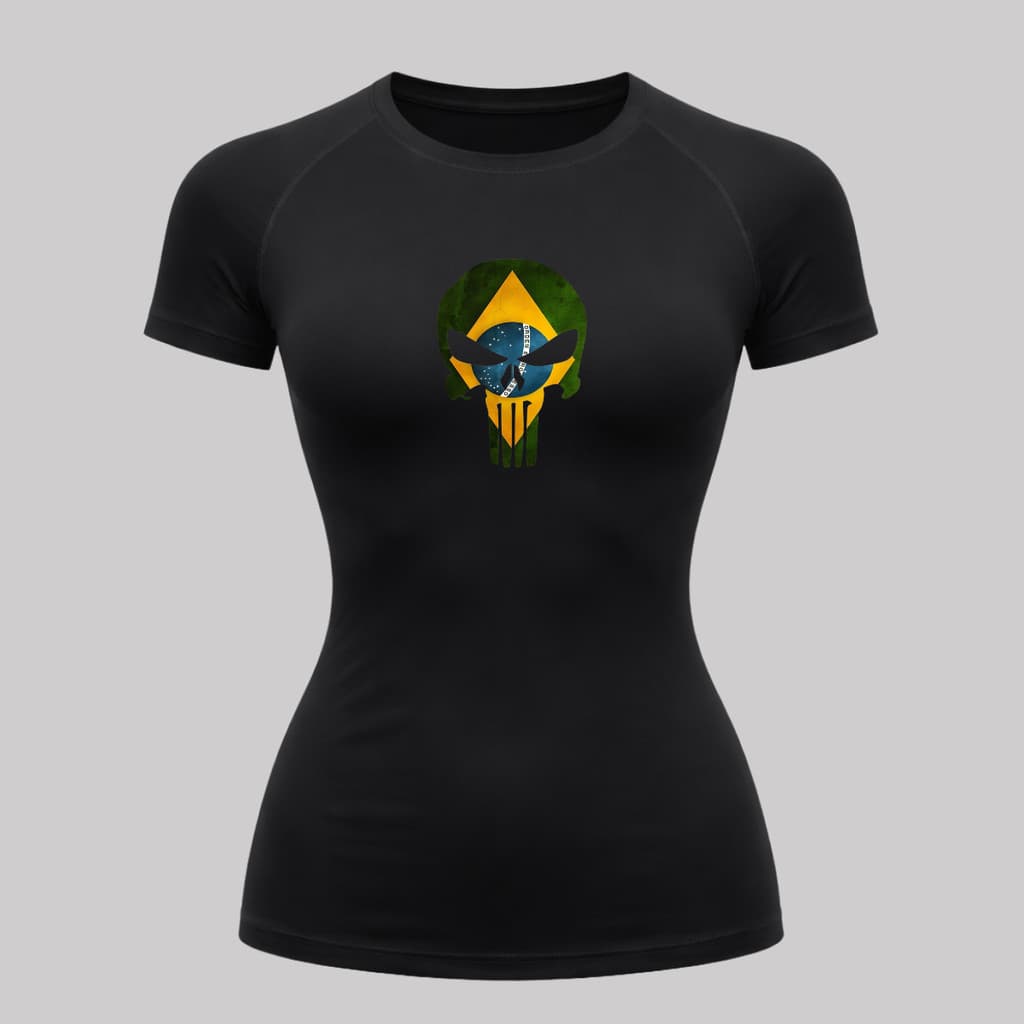 Camiseta Feminina Rash Guard Justiceiro Caveira Brasil Manga Curta Proteção UV 50+