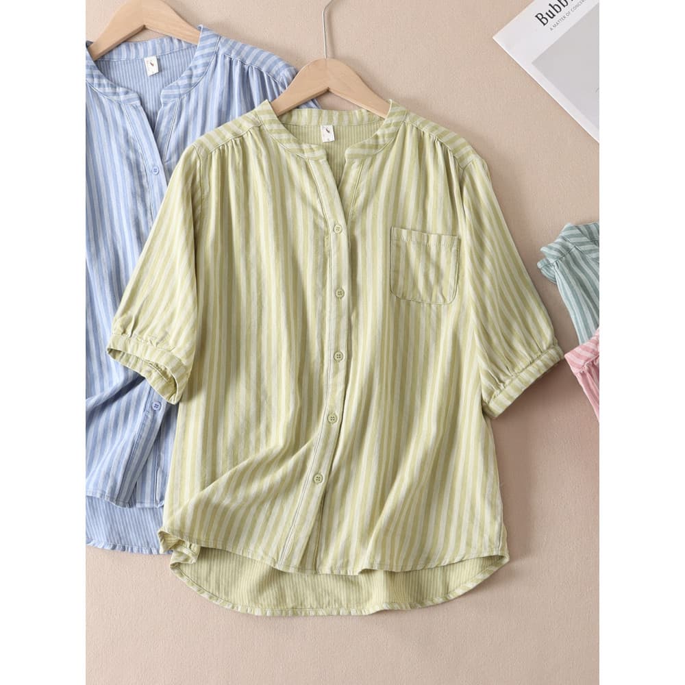 2025 verão novo estilo fio duplo refrescante listrado arte camisa de algodão feminino solto respirável confortável topo