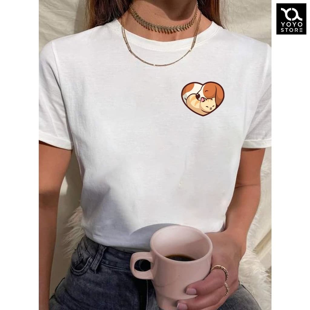 Camiseta Feminina Babylook Tshirt Gato Cachorro Formato Coração Pet Love 100% Algodão