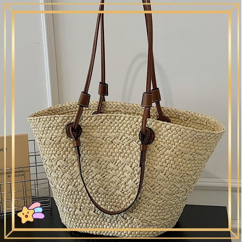 Bolsa De Cesta Tecida De Palha PETS1 , Férias Artesanal De Design Simples Ombro Elegante De Grande Capacidade