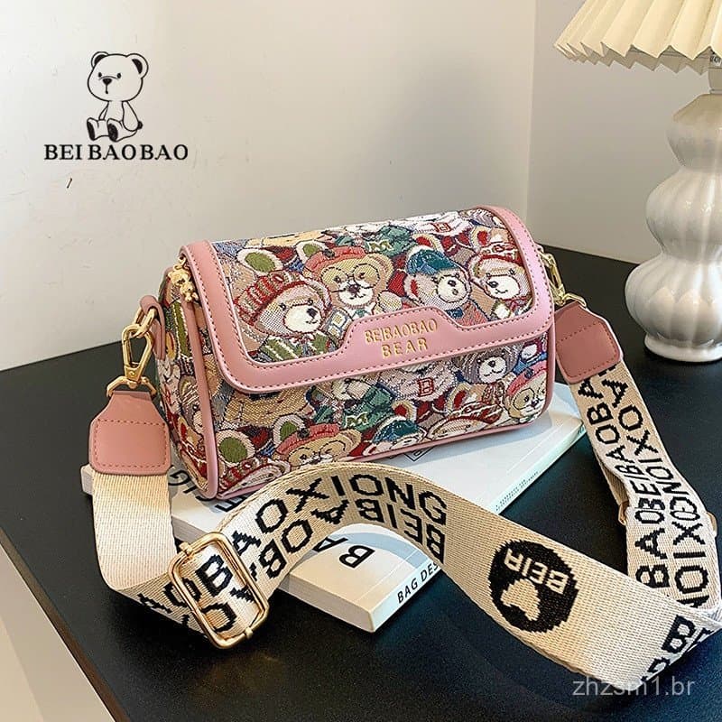Bolsa de ombro feminina Beibao Baobao com design original de desenho animado de urso, bolsa de ombro texturizada e elega