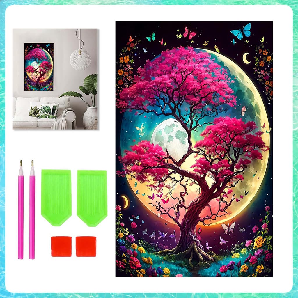 Pintura de Diamante 5D Quadrada 70x40cm Árvore sob a lua – kit anti-stress, decoração de parede
