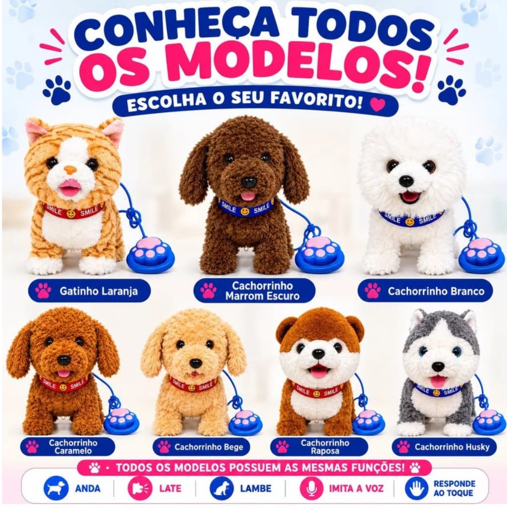 Cachorrinho Interativo de Pelúcia Anda Canta Repete Frases com Coleira Infantil