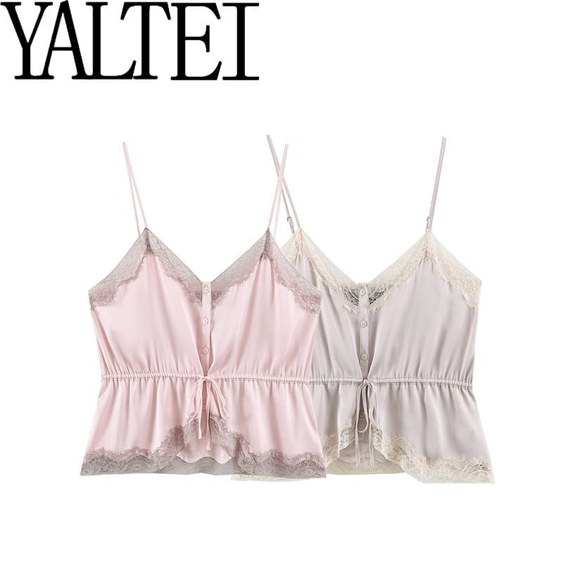 ZA Cross-Border AliExpress ins Europeu Americano Feminino Verão Novo Estilo Renda Francesa Seda Cetim Textura Sling47648