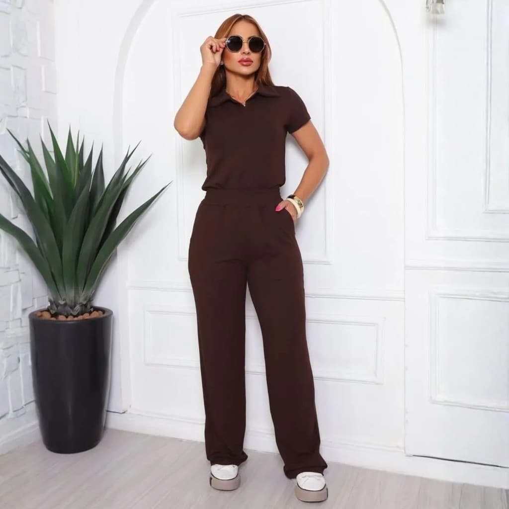 Conjunto Calça Feminina Marrom Com Camisa Gola Moletinho