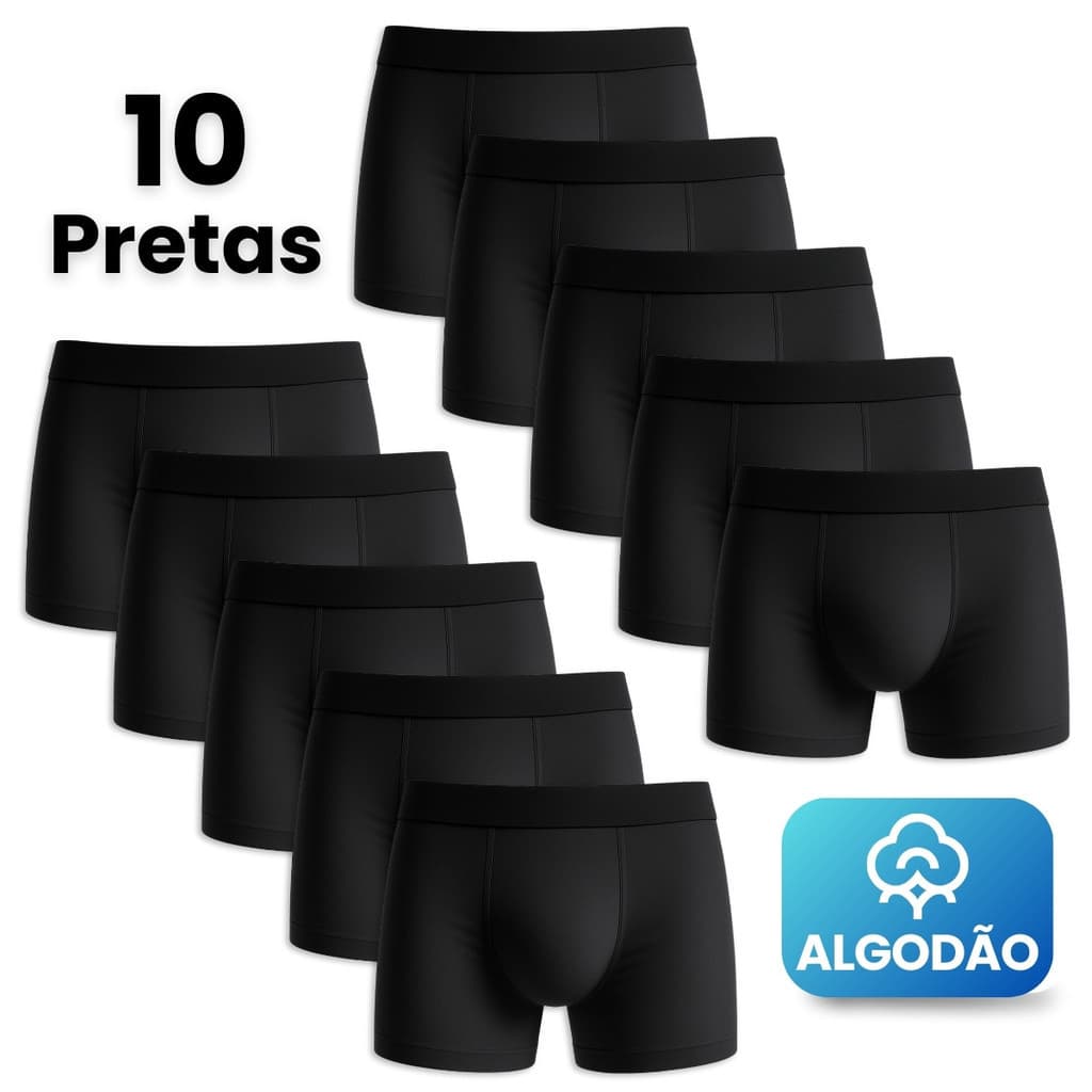 Kit 10 Cuecas Boxer Masculino Algodão Premium Pretas Confortáveis