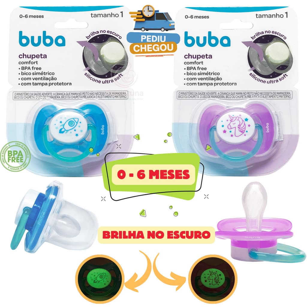 Chupeta Comfort BIco Silicone para bebê 0 - 6 meses Tam1 BUBA Soft Menino ou Menina