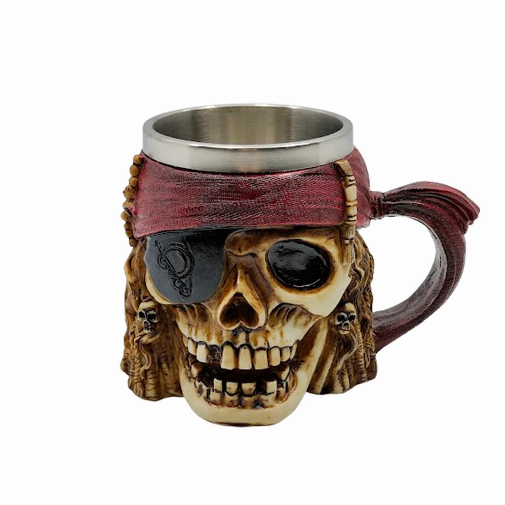 Caneca Caveira Pirata do Caribe Tapa Olho Com Alça 400ml Copo Decorativo De Metal e Resina