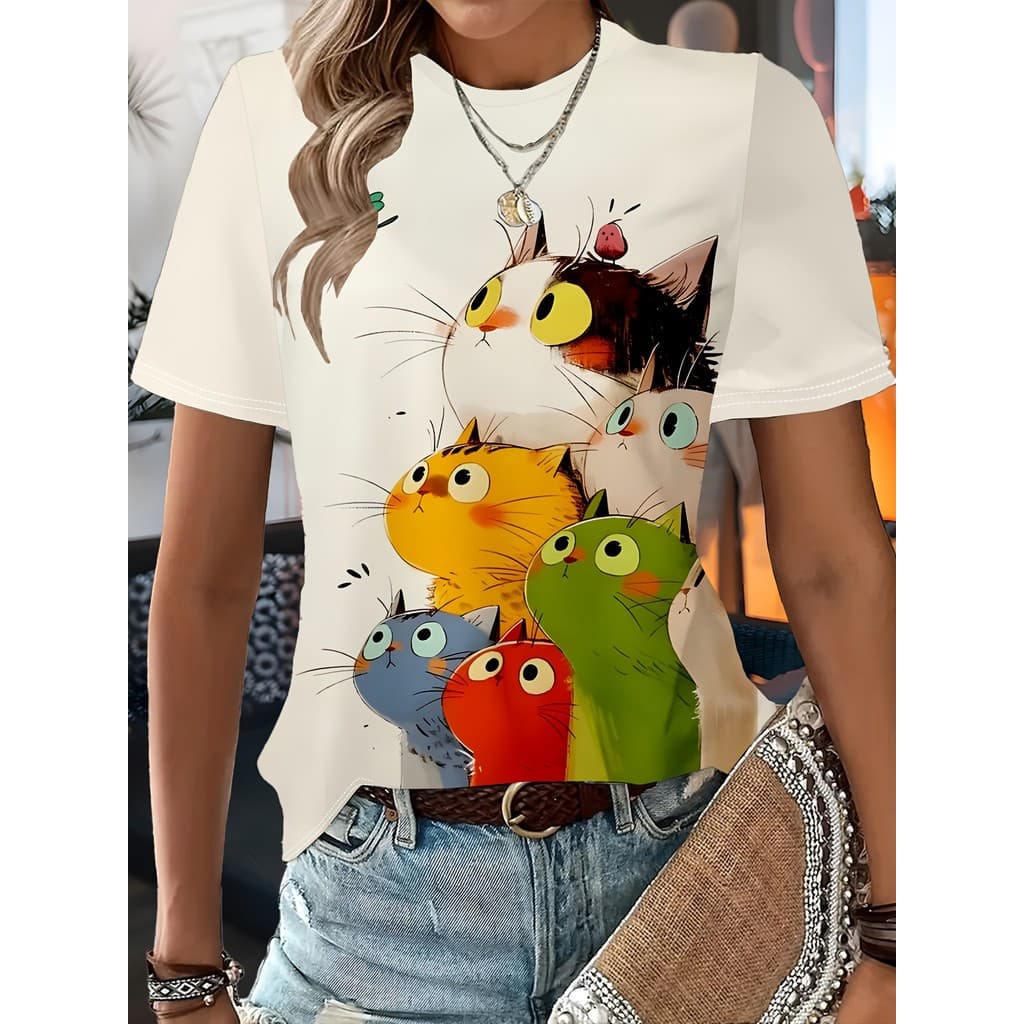 Camiseta Camisa de Manga Curta com Estampa Fofa de Gato Cute 100 % Algodão MEGA PROMOÇÃO RELAMPAGO ENVIO IMEDIATO
