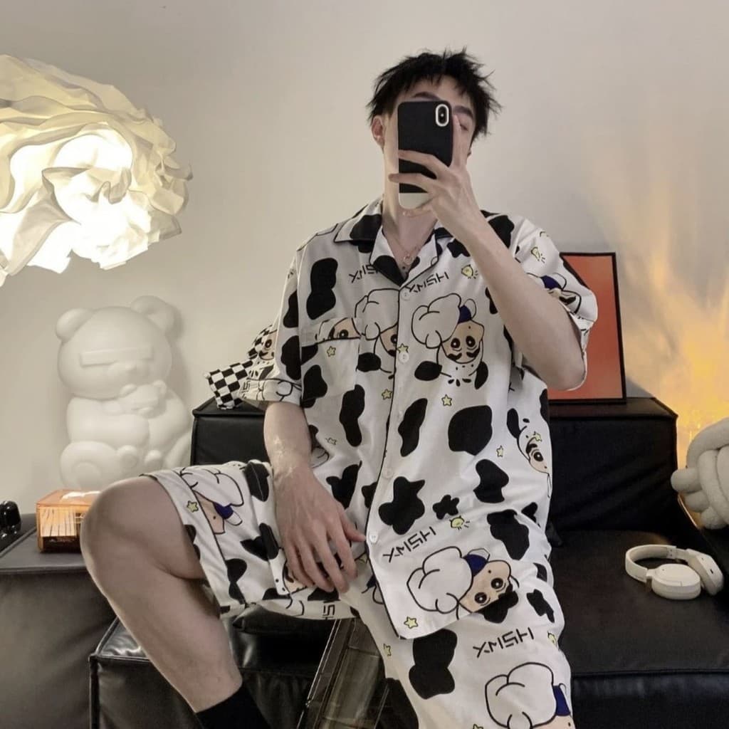 Pijamas Shorts de manga curta todos os dias fino tamanho grande dos desenhos animados poliéster algodão juventude terno