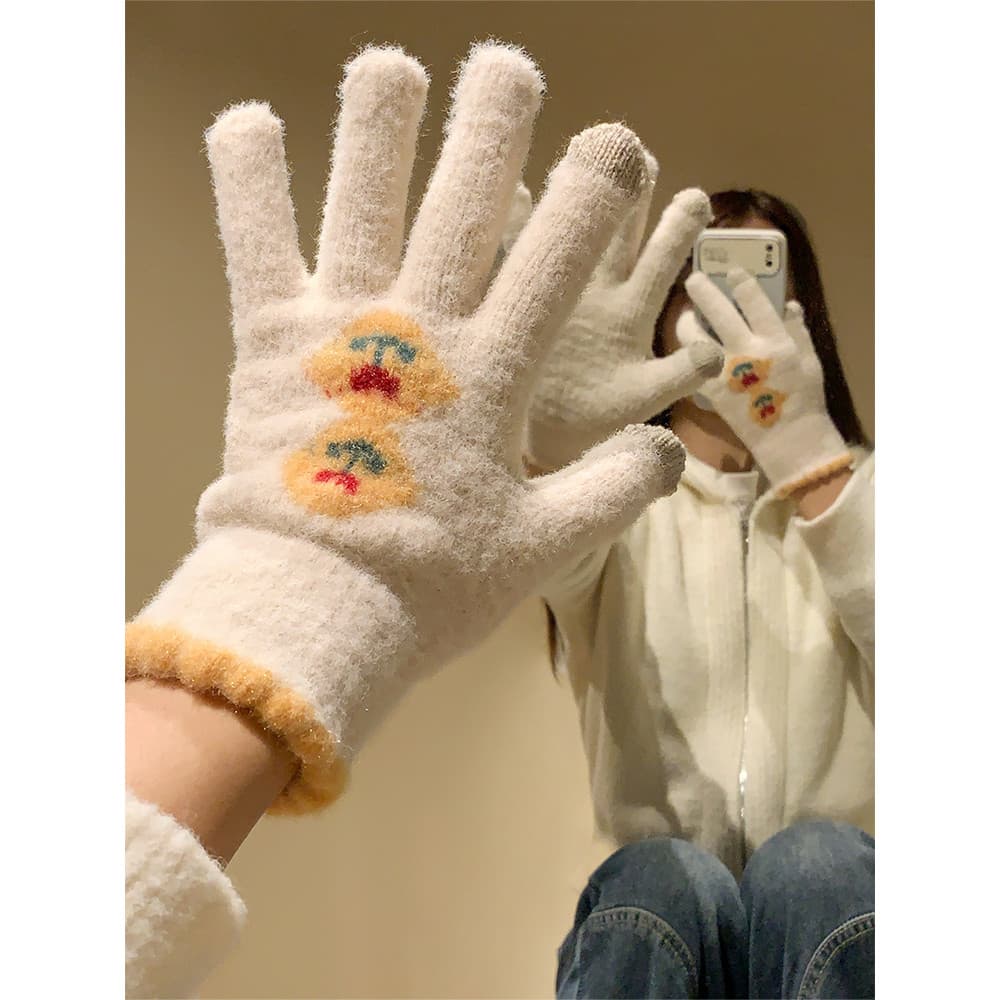 Bonito luvas de malha de pelúcia feminino inverno pelúcia engrossado estudante equitação mantendo quente à prova de frio
