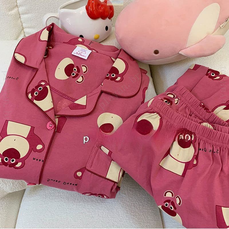 Conjunto de pijama de manga comprida estudante morango urso VJGQ