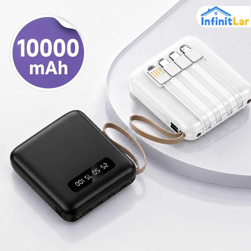 Carregador Portátil 10000mah con 4 cables de carga rápida Banco de energía digital LED