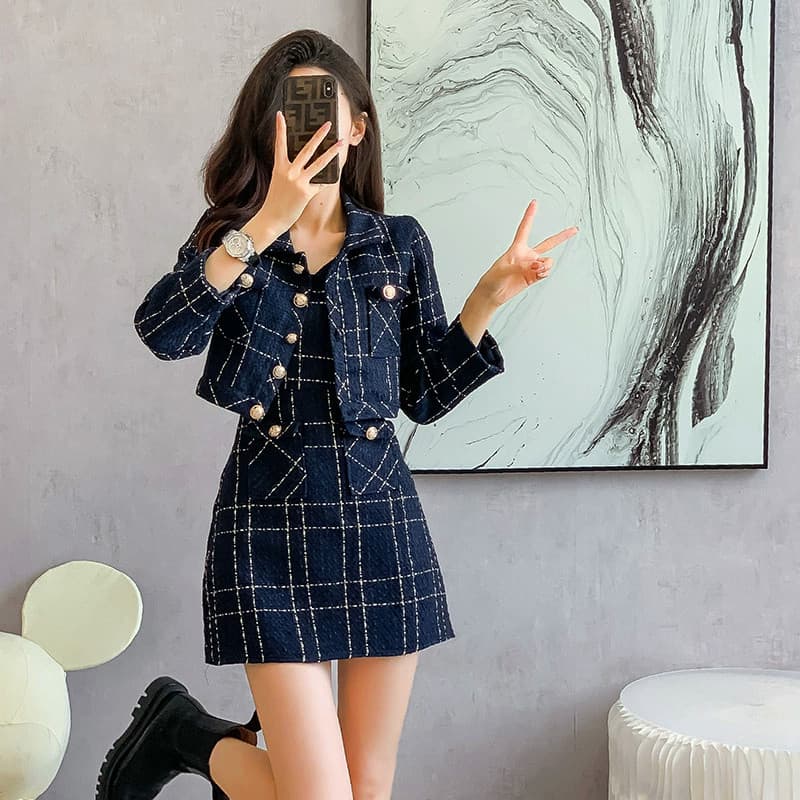 Primavera outono duas peças de manga comprida Tweed jaqueta de cintura estreita colete Hip-embalado vestido terno