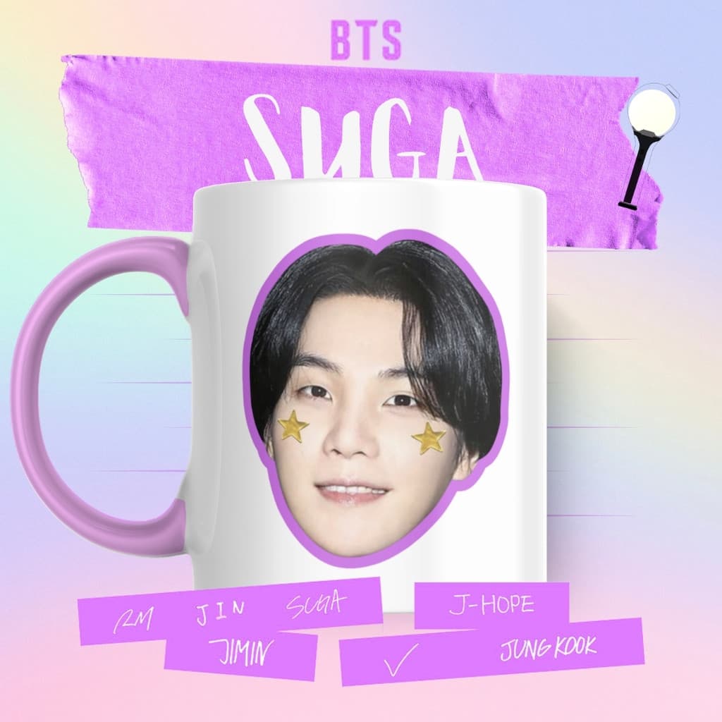 Caneca Xicara Porcelana 325ml BTS Army OT7 Suga Carinhas Personalizada Presente Decoração