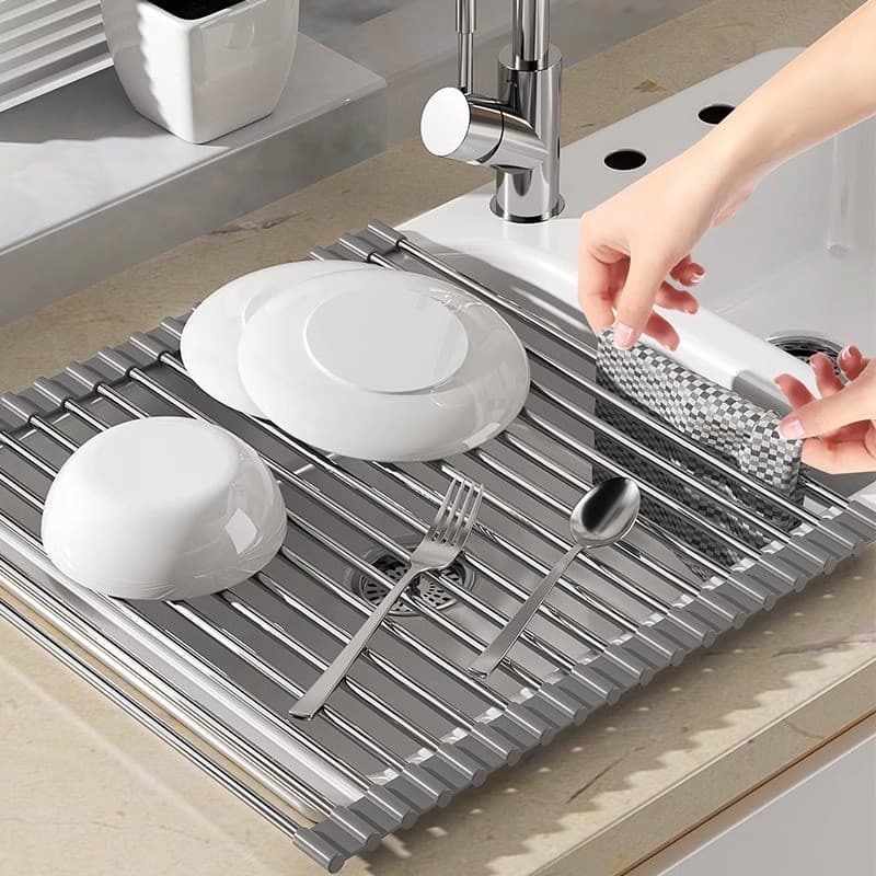 Prateleira de armazenamento de drenagem de esgoto dobrável Silicone rolo obturador almofada pia da cozinha rack de armaz