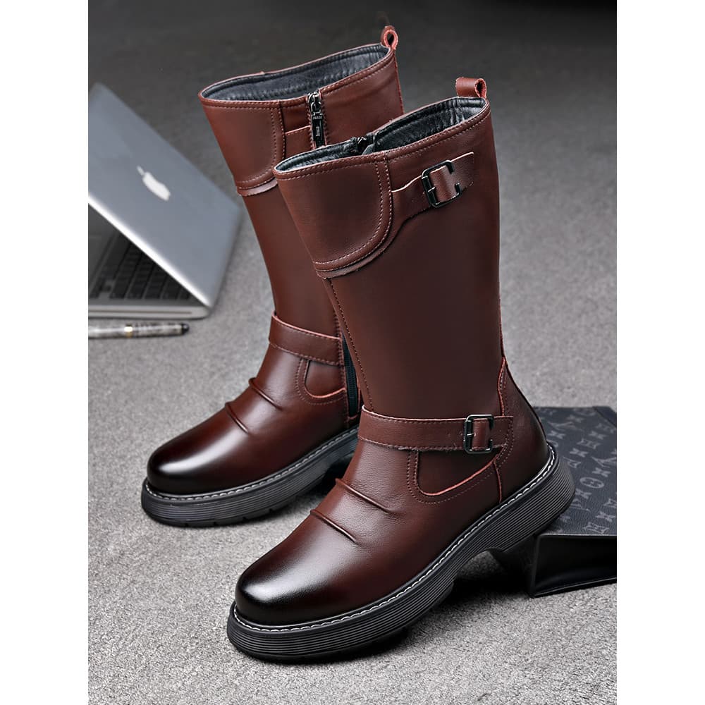 Botas de Cowboy masculinas de couro macio com sola grossa de couro genuíno para motociclista aumentando botas de equitaç