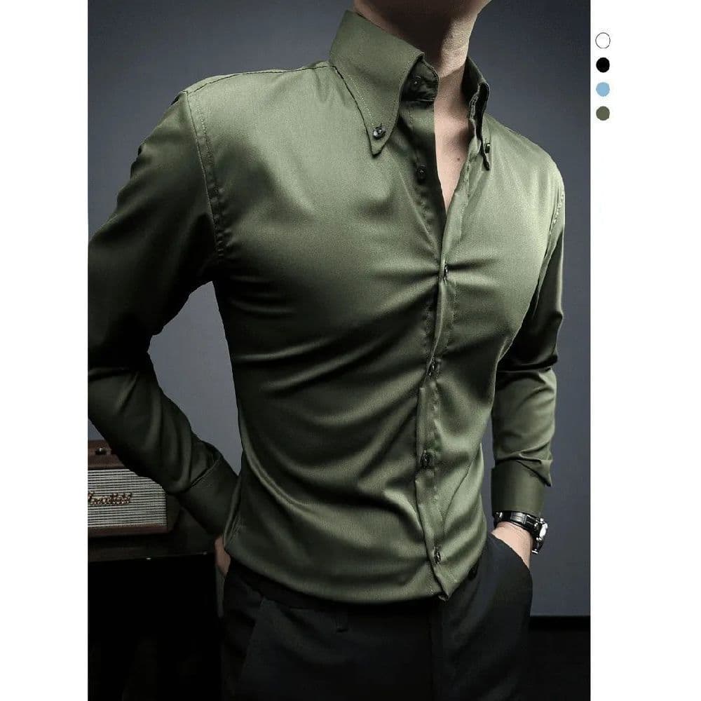 Primavera outono Casual fino-ajuste estilo francês grande gola pontiaguda High-End camisa de manga comprida masculina no