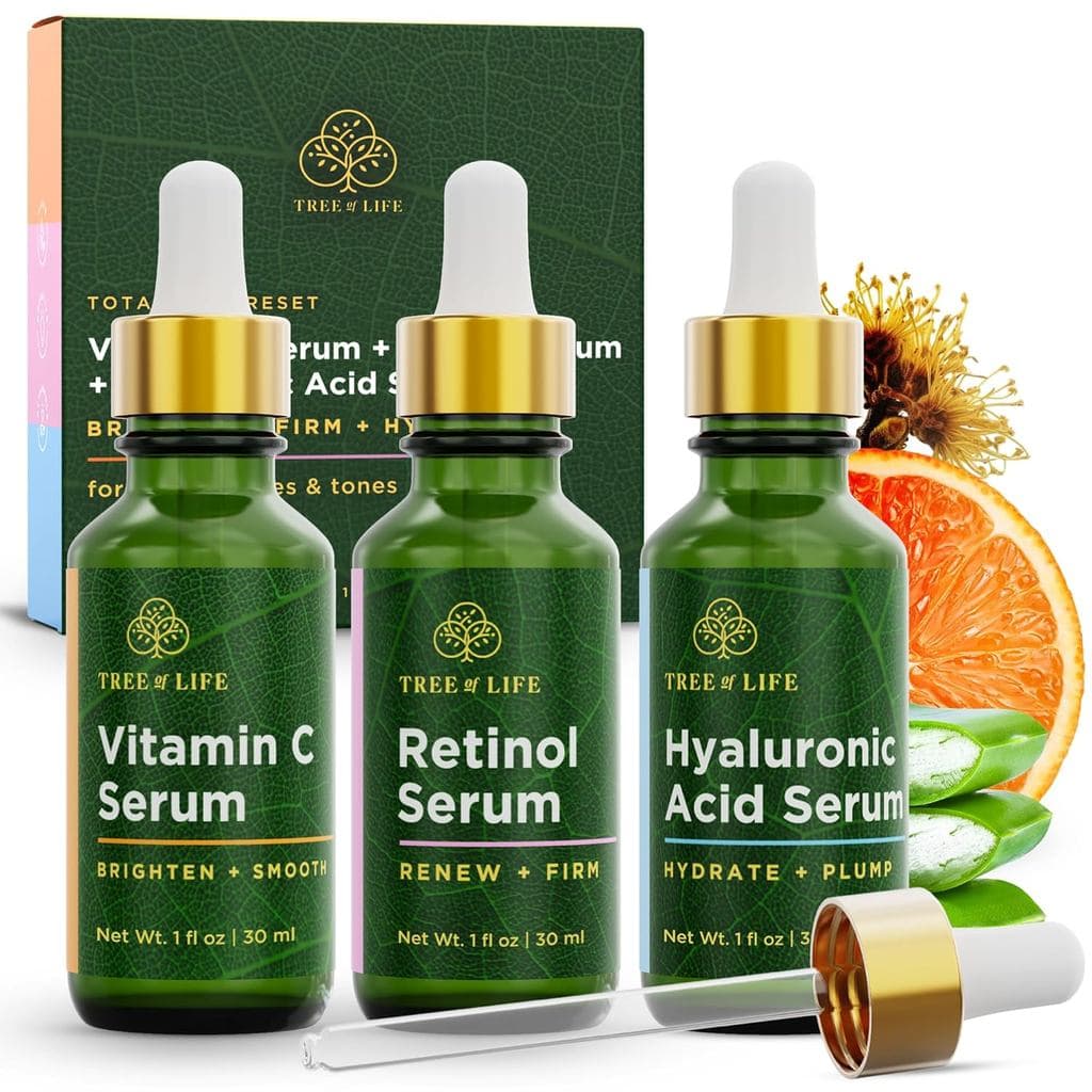 Conjunto de Sérum Facial Tree of Life - Vitamina C, Retinol e Ácido Hialurônico para Clareamento, Firmeza e Hidratação -