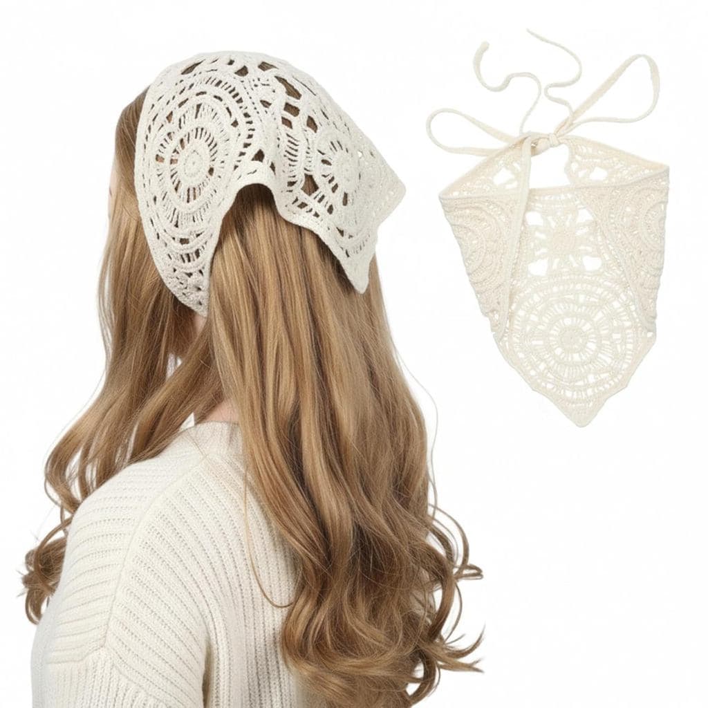 Lenço de Cabeça de Crochê Thinp, Bandana Branca de Crochê, Lenço de Cabelo Floral Vintage, Acessórios para Cobertura de