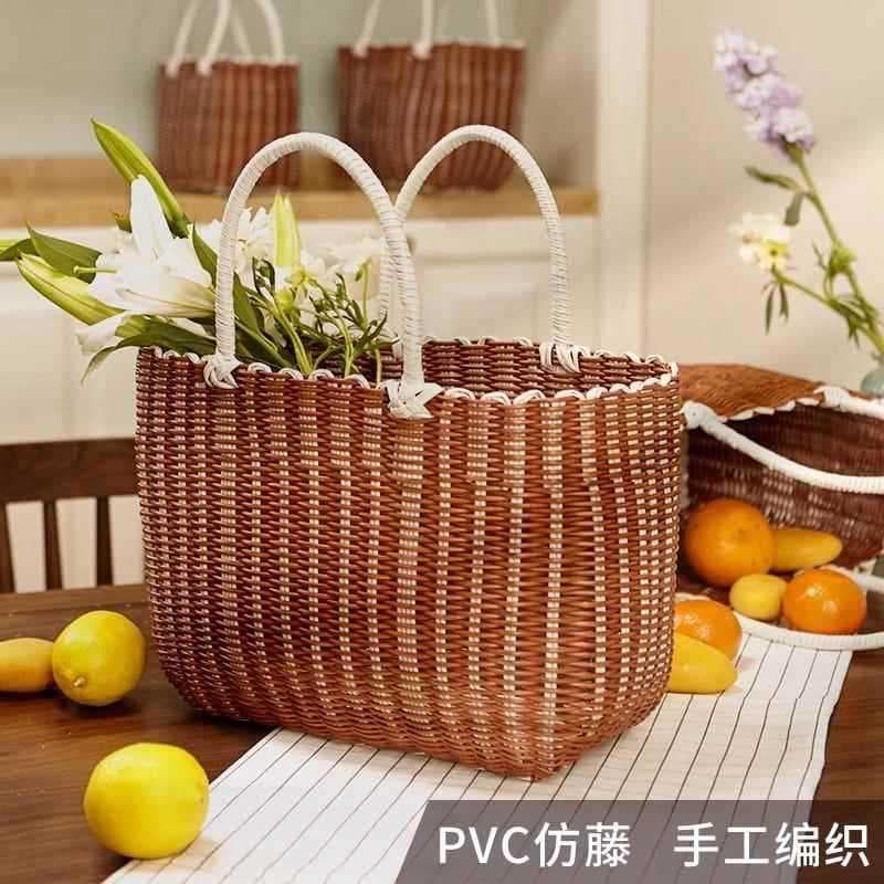 Cesta de vegetais portátil cesta de compras imitação Rattan tecido cesta de compras influenciador de piquenique ce